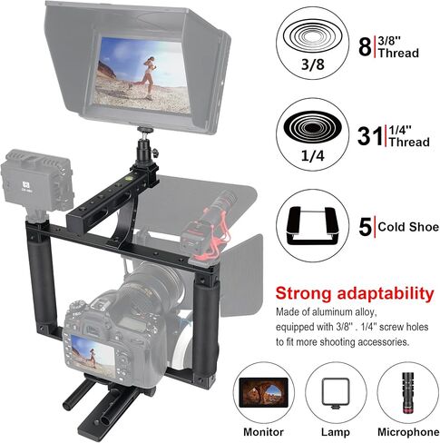 Universal Aluminum Alloy DSLR Mirrorless Camera Camcorder Stabilizer Extension Cage Mount for Mic Monitor Light, Movie Making Rig YouTube Tiktok Vlogging Video Kit w/Phone Holder for Canon Sony Nikon in Kuwait
