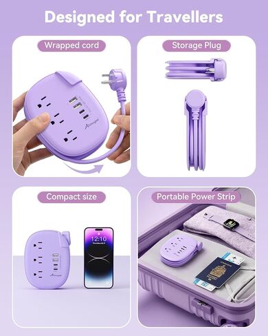 Alitayee Purple Travel Power Strip,3 Outlets,4 USB Ports,3ft Extension Cord in Kuwait