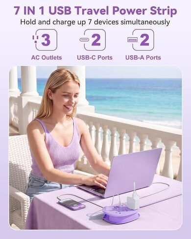 Alitayee Purple Travel Power Strip,3 Outlets,4 USB Ports,3ft Extension Cord in Kuwait