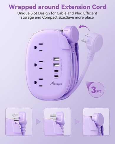 Alitayee Purple Travel Power Strip,3 Outlets,4 USB Ports,3ft Extension Cord in Kuwait