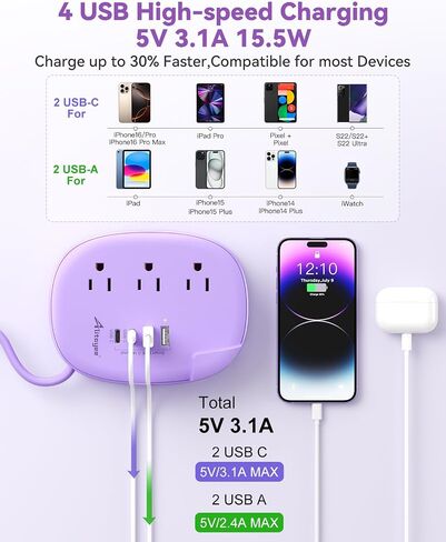 Alitayee Purple Travel Power Strip,3 Outlets,4 USB Ports,3ft Extension Cord in Kuwait