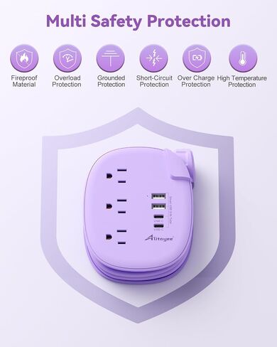 Alitayee Purple Travel Power Strip,3 Outlets,4 USB Ports,3ft Extension Cord in Kuwait