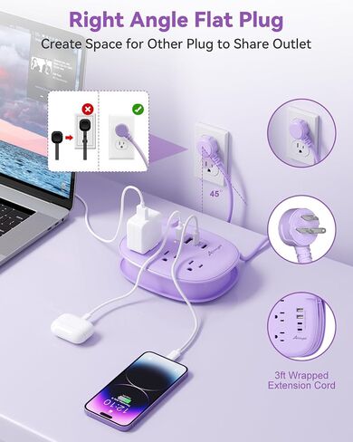 Alitayee Purple Travel Power Strip,3 Outlets,4 USB Ports,3ft Extension Cord in Kuwait