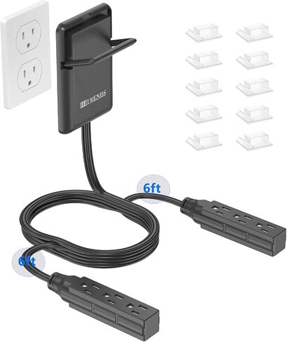 Dual 6FT Flat Plug Outlet Extender with 6 AC Outlets, HITRENDS Ultra Thin Wall Plug Extension Cord with Pull Tab Design, Outlet Cover Concealer, 13A 125V 1625W, Cord Clips Included, White in Kuwait