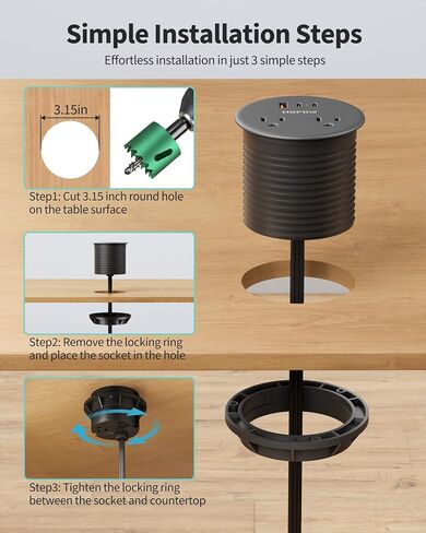 Desk Grommet, Dual-Sided Recessed Power Strip, 4 Outlets 3 USB (2 USB-C) in Saudi Arabia