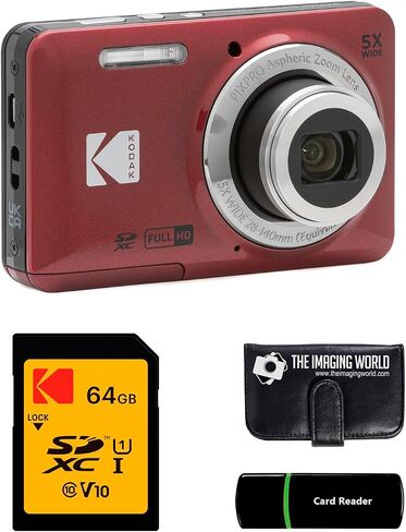 Kodak PIXPRO FZ55 Red 16MP Digital Camera 5X Optical Zoom 28mm Wide Angle 1080P Full HD Video 2.7" LCD Camera + 64GB Card and Reader + Memory Wallet in Kuwait