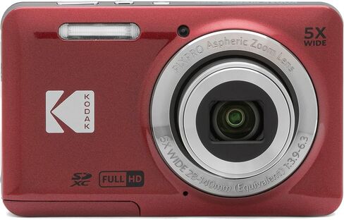 Kodak PIXPRO FZ55 Red 16MP Digital Camera 5X Optical Zoom 28mm Wide Angle 1080P Full HD Video 2.7" LCD Camera + 64GB Card and Reader + Memory Wallet in Kuwait