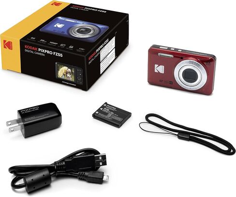 Kodak PIXPRO FZ55 Red 16MP Digital Camera 5X Optical Zoom 28mm Wide Angle 1080P Full HD Video 2.7" LCD Camera + 64GB Card and Reader + Memory Wallet in Kuwait