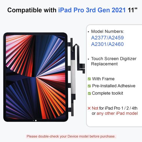 Screen Replacement for iPad Pro 11 3rd Gen 11 Inch 2021, Glass Digitizer No LCD, Supports Pencil, Pre Installed Adhesive, OCA, Tools, Models A2377, A2459, A2301, A2460 Black in Kuwait