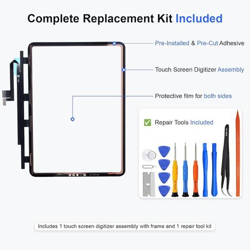 Screen Replacement for iPad Pro 11 3rd Gen 11 Inch 2021, Glass Digitizer No LCD, Supports Pencil, Pre Installed Adhesive, OCA, Tools, Models A2377, A2459, A2301, A2460 Black in Kuwait