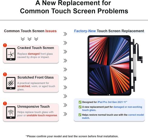 Screen Replacement for iPad Pro 11 3rd Gen 11 Inch 2021, Glass Digitizer No LCD, Supports Pencil, Pre Installed Adhesive, OCA, Tools, Models A2377, A2459, A2301, A2460 Black in Kuwait