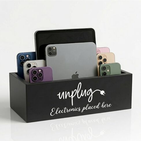 Unplug Box, Farmhouse Style Be Present Phone Box, Cell Phone Basket for Home, Wood Mobile Phone Jail, Family Time out Charging Station for Phone Tablet Electronics Holder (White) in Saudi Arabia