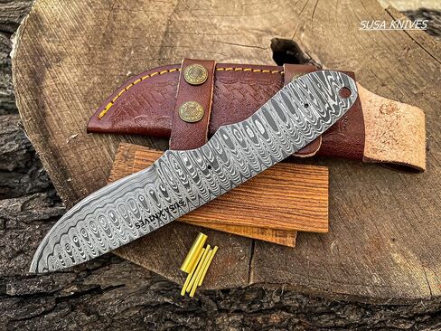 Damascus Steel Blank Blade Hunting Knife Fixed Blade EDC Survival Knife for Men - Fixed Blade Making kit, Pins, with Sheath, Handle Scales for Making (LEADER WOOD) in Kuwait
