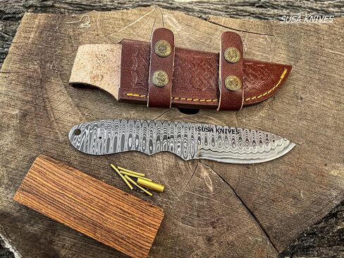 Damascus Steel Blank Blade Hunting Knife Fixed Blade EDC Survival Knife for Men - Fixed Blade Making kit, Pins, with Sheath, Handle Scales for Making (LEADER WOOD) in Kuwait