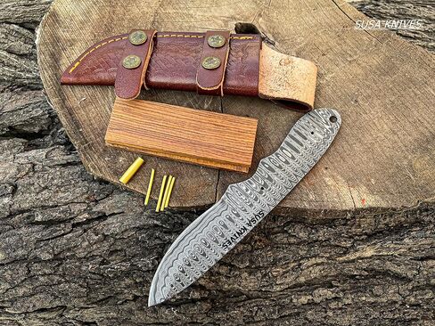 Damascus Steel Blank Blade Hunting Knife Fixed Blade EDC Survival Knife for Men - Fixed Blade Making kit, Pins, with Sheath, Handle Scales for Making (LEADER WOOD) in Kuwait