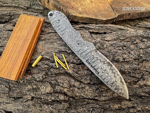 Damascus Steel Blank Blade Hunting Knife Fixed Blade EDC Survival Knife for Men - Fixed Blade Making kit, Pins, with Sheath, Handle Scales for Making (LEADER WOOD) in Kuwait