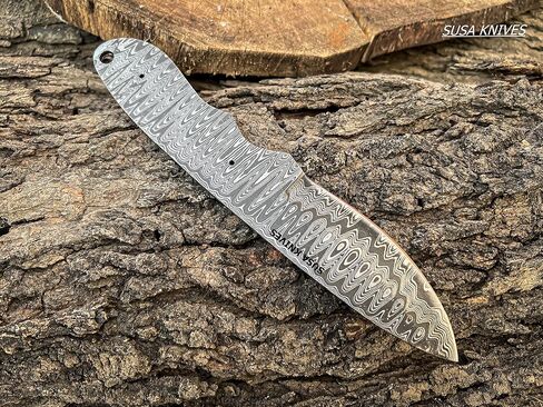 Damascus Steel Blank Blade Hunting Knife Fixed Blade EDC Survival Knife for Men - Fixed Blade Making kit, Pins, with Sheath, Handle Scales for Making (LEADER WOOD) in Kuwait