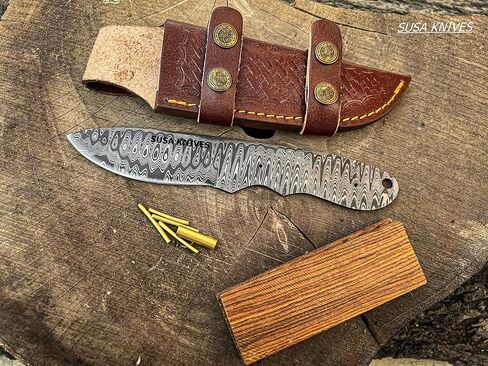 Damascus Steel Blank Blade Hunting Knife Fixed Blade EDC Survival Knife for Men - Fixed Blade Making kit, Pins, with Sheath, Handle Scales for Making (LEADER WOOD) in Kuwait