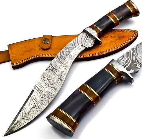 Nooraki - 15" Handmade Damascus Steel Heavy Duty Kukri Knife Sharp Blade, With Leather Sheath | Ideal for Hunting, Bushcraft, Survival, Chopping, Camping, Outdoor Gift for Men Women - KK155 in Kuwait