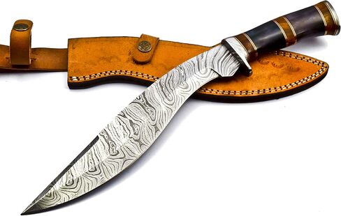 Nooraki - 15" Handmade Damascus Steel Heavy Duty Kukri Knife Sharp Blade, With Leather Sheath | Ideal for Hunting, Bushcraft, Survival, Chopping, Camping, Outdoor Gift for Men Women - KK155 in Kuwait