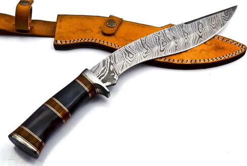 Nooraki - 15" Handmade Damascus Steel Heavy Duty Kukri Knife Sharp Blade, With Leather Sheath | Ideal for Hunting, Bushcraft, Survival, Chopping, Camping, Outdoor Gift for Men Women - KK155 in Kuwait