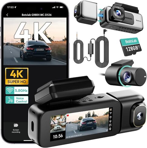 BOTSLAB 3 Channel Dash Cam 4K with ACC Hardwire Kit & 128GB TF Card, 3.18" Touch Screen, Voice Control, 4K Front and 1080P Rear Inside Loop Recording, 5.8GHz WiFi, GPS, Night Vision, WDR, Parking Mode in Kuwait