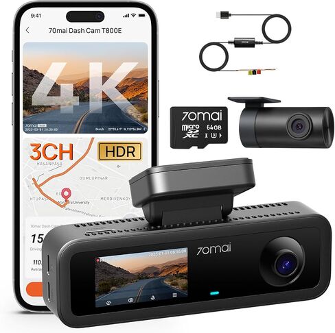 【70mai Dash Cam 4K T800E+Hardwire Kit UP03】 70mai 4K Dash Cam Front and Rear Inside, 3 Channel Car Dash Camera for Cars, Dashcam with GPS, Wi-Fi 6, Voice Control, Parking Monitor, Night Vision in Kuwait