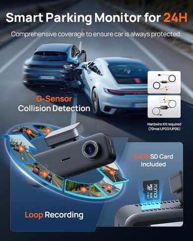 【70mai Dash Cam 4K T800E+Hardwire Kit UP03】 70mai 4K Dash Cam Front and Rear Inside, 3 Channel Car Dash Camera for Cars, Dashcam with GPS, Wi-Fi 6, Voice Control, Parking Monitor, Night Vision in Kuwait