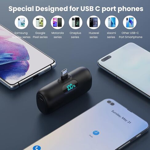 Mini Portable Charger 5000mAh Power Bank,15W PD USB C Cell Phone Portable Power, LCD Display Battery Pack Compatible With iPhone 15/15 Plus/15 Pro/15 Pro Max/Android/Samsung/Moto/LG (Type-C Only) in Kuwait