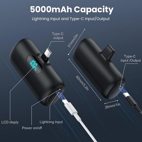 Mini Portable Charger 5000mAh Power Bank,15W PD USB C Cell Phone Portable Power, LCD Display Battery Pack Compatible With iPhone 15/15 Plus/15 Pro/15 Pro Max/Android/Samsung/Moto/LG (Type-C Only) in Kuwait