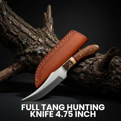 SZCO Full Tang Hunting Knife 7.25 Inch - Patch Camping Knife with Wood/Stag Handle, Stainless Steel Blade & Sheath - Pocket Knife for Hunting, Camping & Outdoor uses - Knives for Men in Saudi Arabia
