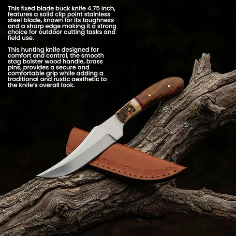 SZCO Full Tang Hunting Knife 7.25 Inch - Patch Camping Knife with Wood/Stag Handle, Stainless Steel Blade & Sheath - Pocket Knife for Hunting, Camping & Outdoor uses - Knives for Men in Saudi Arabia