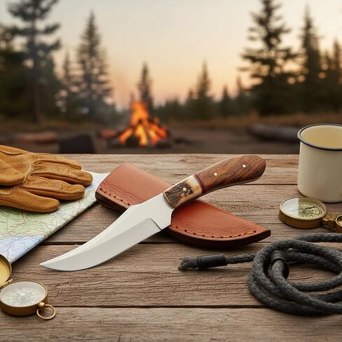 SZCO Full Tang Hunting Knife 7.25 Inch - Patch Camping Knife with Wood/Stag Handle, Stainless Steel Blade & Sheath - Pocket Knife for Hunting, Camping & Outdoor uses - Knives for Men in Saudi Arabia