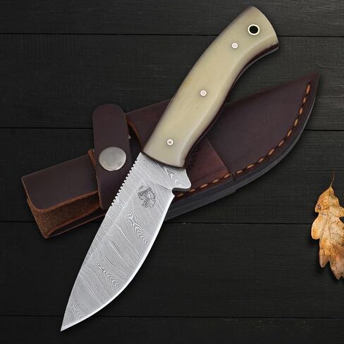 Knives Ranch Cardinal Handmade Bushcraft Knife, Full Tang Hunting Knife, Carbon Steel Damascus, Cattle Bone Handle and Vertical/Horizontal Leather Sheath (3110-B) in Saudi Arabia