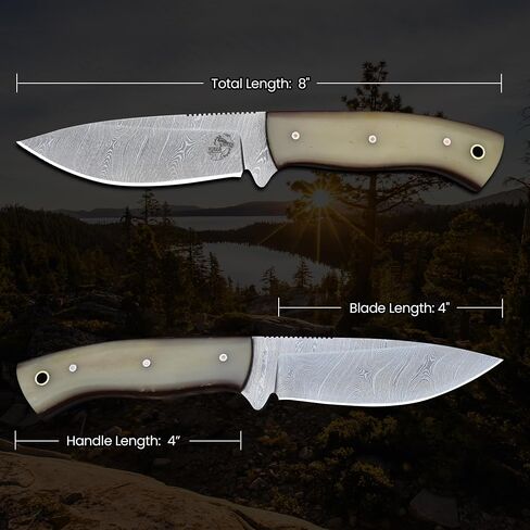 Knives Ranch Cardinal Handmade Bushcraft Knife, Full Tang Hunting Knife, Carbon Steel Damascus, Cattle Bone Handle and Vertical/Horizontal Leather Sheath (3110-B) in Saudi Arabia