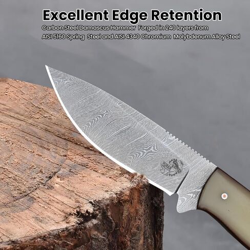 Knives Ranch Cardinal Handmade Bushcraft Knife, Full Tang Hunting Knife, Carbon Steel Damascus, Cattle Bone Handle and Vertical/Horizontal Leather Sheath (3110-B) in Saudi Arabia