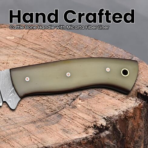 Knives Ranch Cardinal Handmade Bushcraft Knife, Full Tang Hunting Knife, Carbon Steel Damascus, Cattle Bone Handle and Vertical/Horizontal Leather Sheath (3110-B) in Saudi Arabia