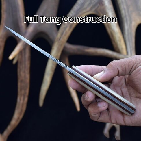 Knives Ranch Cardinal Handmade Bushcraft Knife, Full Tang Hunting Knife, Carbon Steel Damascus, Cattle Bone Handle and Vertical/Horizontal Leather Sheath (3110-B) in Saudi Arabia