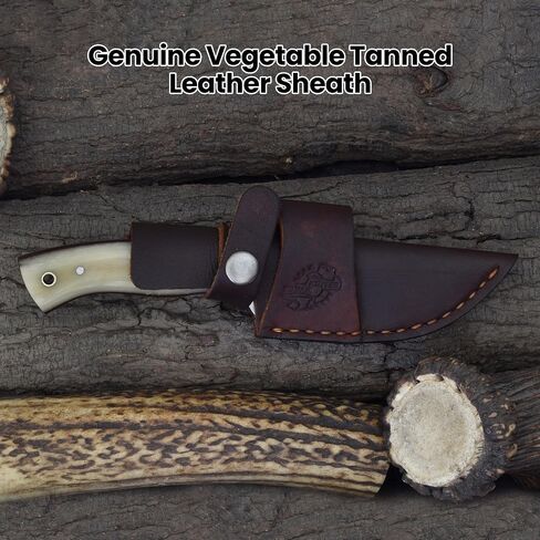 Knives Ranch Cardinal Handmade Bushcraft Knife, Full Tang Hunting Knife, Carbon Steel Damascus, Cattle Bone Handle and Vertical/Horizontal Leather Sheath (3110-B) in Saudi Arabia