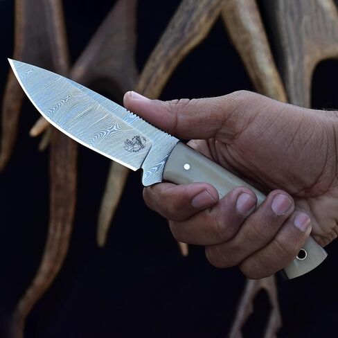 Knives Ranch Cardinal Handmade Bushcraft Knife, Full Tang Hunting Knife, Carbon Steel Damascus, Cattle Bone Handle and Vertical/Horizontal Leather Sheath (3110-B) in Saudi Arabia