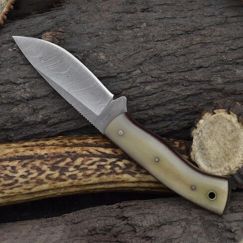 Knives Ranch Cardinal Handmade Bushcraft Knife, Full Tang Hunting Knife, Carbon Steel Damascus, Cattle Bone Handle and Vertical/Horizontal Leather Sheath (3110-B) in Saudi Arabia