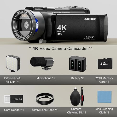 NBD 4K Video Camera Camcorder Ultra 48MP Vlogging Camera for YouTube,16X Digital Zoom Camcorder 3.0" IPS 270° Flip Screen with Mic,Fill Light,2 Batteries and 32G TF Card(Black) in Kuwait
