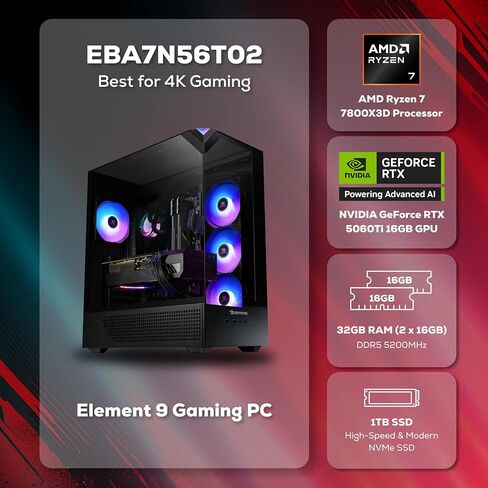 iBUYPOWER Element Gaming PC Desktop Computer AMD Ryzen 7 7800X3D CPU, NVIDIA GeForce RTX 5060Ti 16GB GPU, 32GB DDR5 5200MHz RAM, 1TB NVMe SSD, Windows 11 Home, Gamer Keyboard and Mouse - EBA7N56T02 in Saudi Arabia
