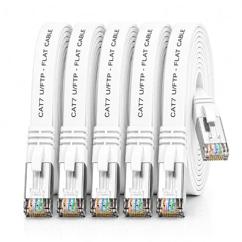 1aTTack.de Cat.7 Gigabit Ethernet LAN Flat Ribbon Cable (RJ45), Network Cable, Raw Cable, (10 Gbit/s) Installation Cable, Flat Slim Compatible with Cat. 5 - CAT. 5e - CAT. 6 White - 5 Pieces 0.25m in Kuwait