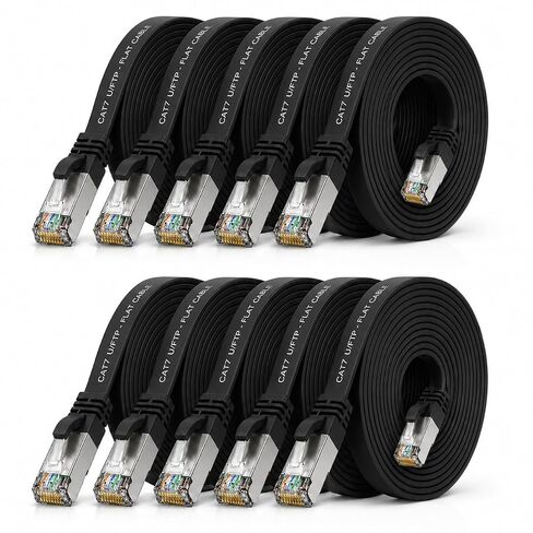 1aTTack.de Cat.7 Gigabit Ethernet LAN Flat Ribbon Cable (RJ45), Network Cable, Raw Cable, (10 Gbit/s) Installation Cable, Flat Slim Compatible with Cat. 5 - CAT. 5e - CAT. 6 Black - 10 Pieces 0.5m in Kuwait