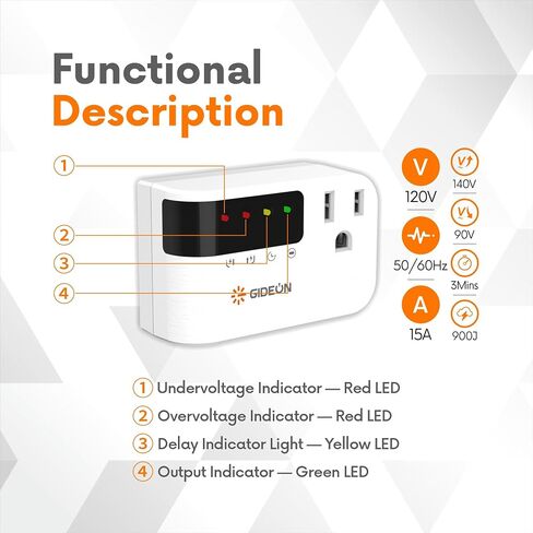 GIDEON Single Outlet Surge Protector with LED Display, 900J Mini Voltage Protector for Refrigerator, TV, PC & Home Appliances, 120V 15A 1800W, Over & Under Voltage Protection in Kuwait