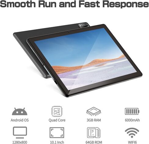 10 in Android Tablet 64GB+1TB, 1280x800 IPS Dual Camera 6000mAh (Black) in Kuwait