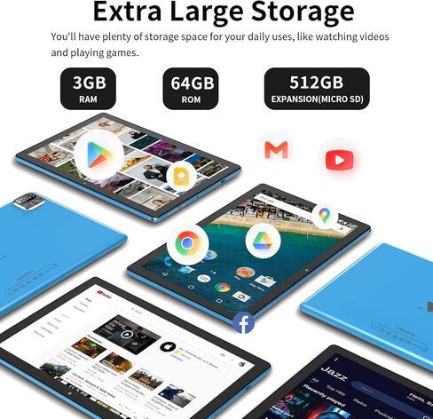 10 in Android Tablet 64GB+1TB, 1280x800 IPS Dual Camera 6000mAh (Blue) in Kuwait
