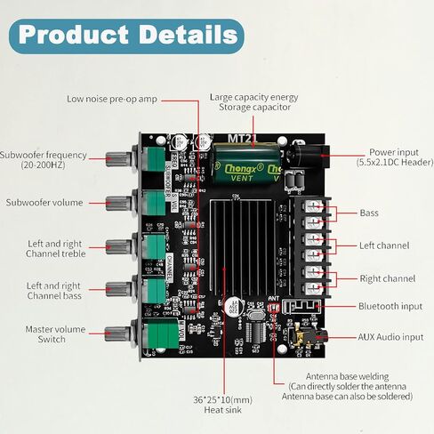 ZK-MT21 Bluetooth Amplifier Board 50W×2+100W with Treble and Bass Control, Bluetooth 5.0 HiFi 2.1 Channel Subwoofer Audio Stereo Amplifier Board,BT and AUX Inputs for DIY Speakers in Saudi Arabia