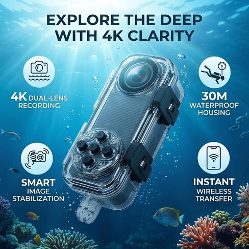 Fockety 4K Underwater Camera, 30M Water Proof Front Rear Dual Lens in Kuwait